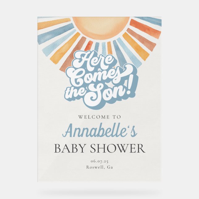 Here Comes the Son Sunshine Baby Shower Welcome Acrylic Sign (Front)