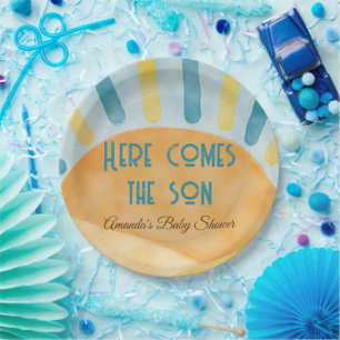 Here Comes the Son Sunshine Blue Ray Baby Shower Paper Plate