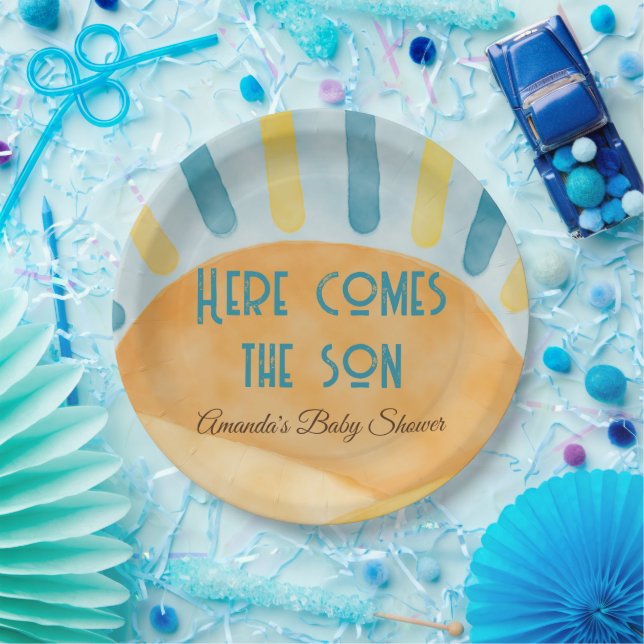 Here Comes the Son Sunshine Blue Ray Baby Shower Paper Plate (Party)