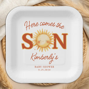 Here Comes The Son Sunshine Boho Cute Baby Shower Paper Plate
