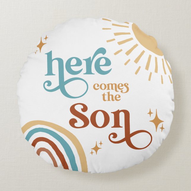 Here Comes the Son Sunshine Boy Baby Shower Round Cushion (Front)
