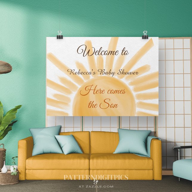 Here Comes the Son Sunshine Ray Yellow Baby Shower Banner (Creator Uploaded)