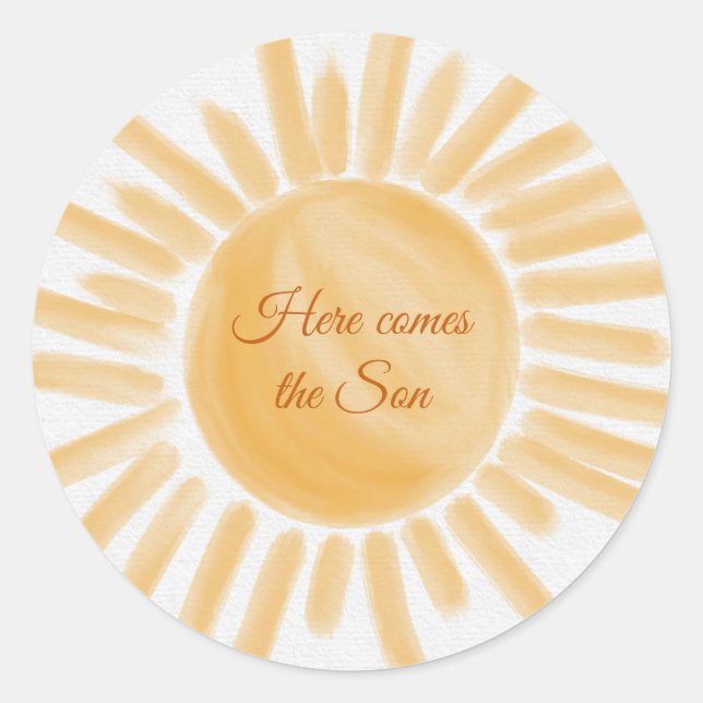 Here Comes the Son Sunshine Ray Yellow Baby Shower Classic Round Sticker (Front)
