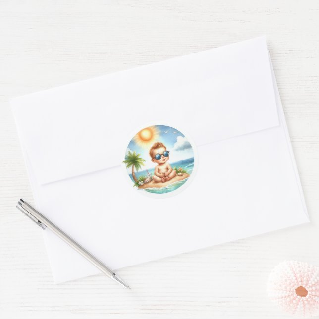 Here Comes the Son Tropical Baby Shower Classic Round Sticker (Envelope)