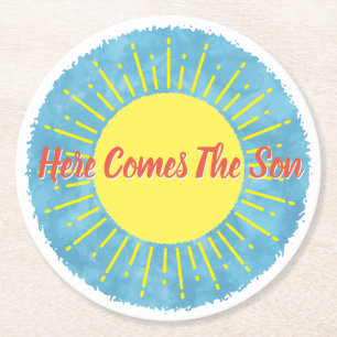 Here Comes The Son Watercolor Baby Shower Custom Round Paper Coaster