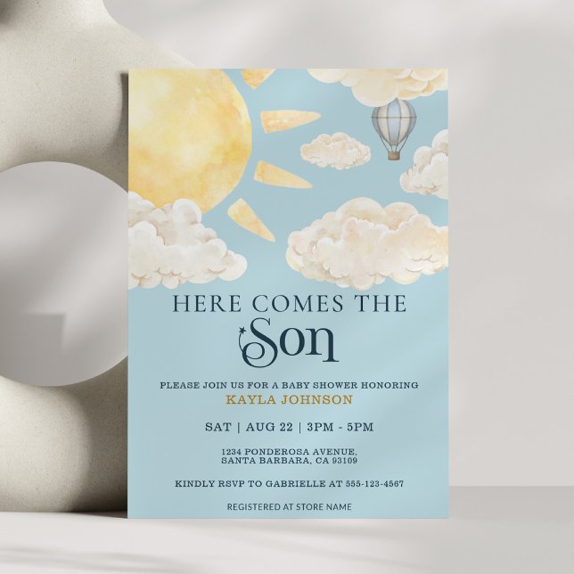 Here Comes the Son Watercolor Sun Cloud Whimsical  Invitation (Creator Uploaded)