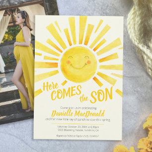Here comes the son yellow sun photo baby shower invitation