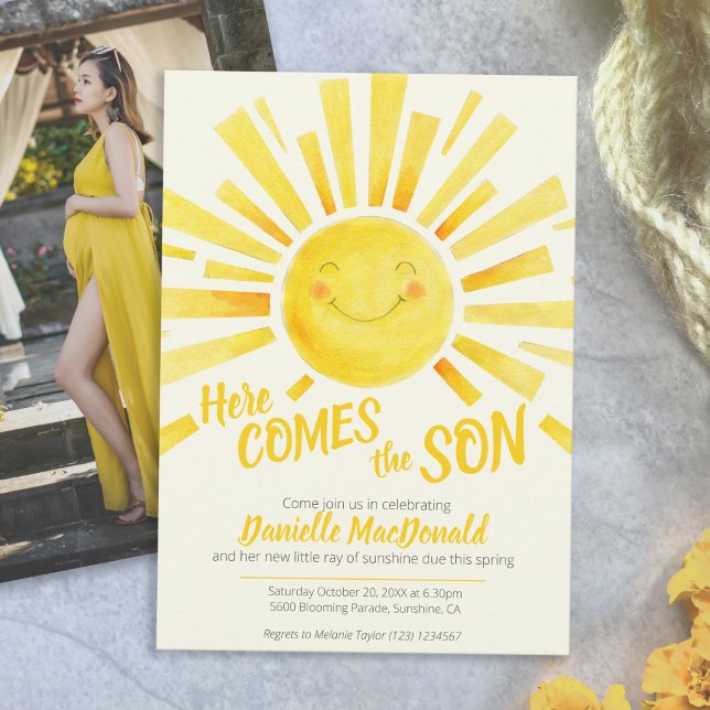 Here comes the son yellow sun photo baby shower invitation (Creator Uploaded)
