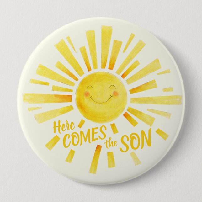 Here comes the son yellow sun whimsy baby shower 10 cm round badge (Front)