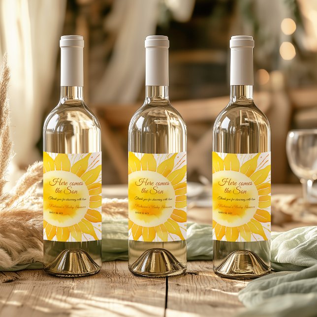 Here Comes the Son Yellow Sunshine Baby Shower Wine Label (Creator Uploaded)