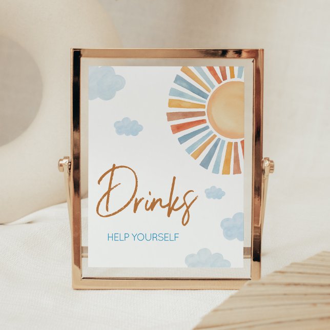 Here Comes The Sun Baby Shower Drinks Poster (Blue Boho Sunshine Baby Shower Drinks Sign)