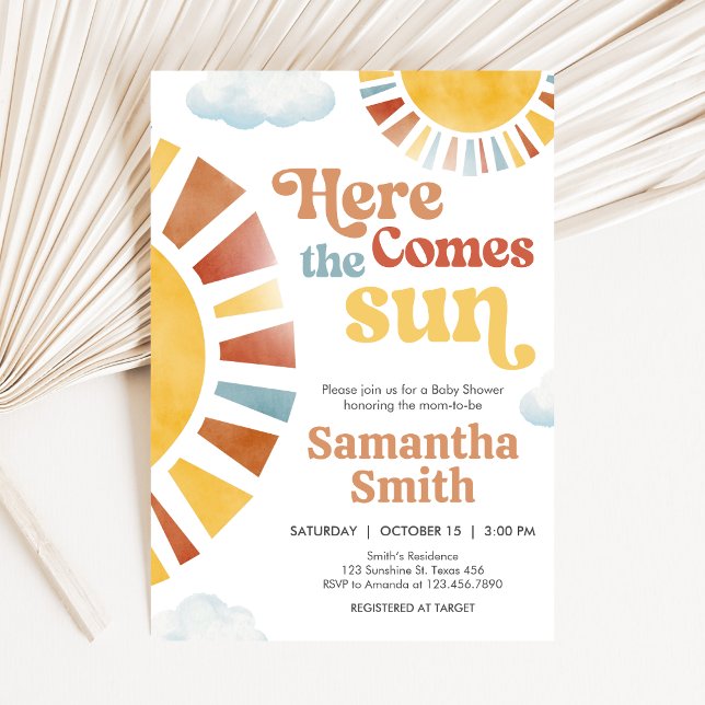 Here Comes the Sun Baby Shower Invitation (Here Comes the Sun Retro Baby Shower Invitation)
