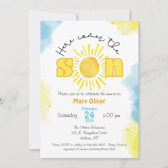 Here comes the sun baby shower invitation son boy (Front)