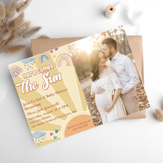 Here Comes The Sun Baby Shower Rainbow Photo Invitation