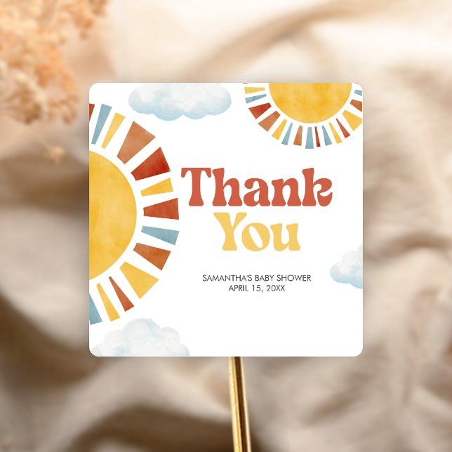 Here Comes the Sun Baby Shower Square Sticker (Here Comes the Sun Retro Baby Shower Sticker)