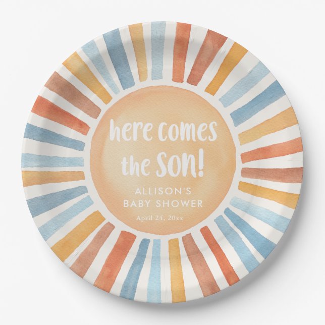 Here comes the sun boho boy baby shower paper plate (Front)