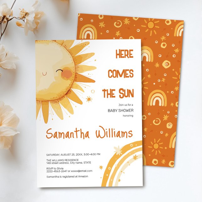 Here Comes the Sun | Boho Rainbow Baby Shower  Invitation (Here comes the Sun watercolor cute baby shower invitation )