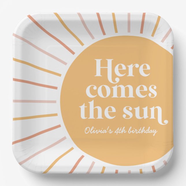 Here Comes the Sun Boho Sunshine birthday Paper Plate (Front)