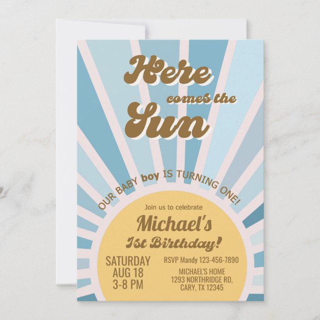 Here comes the Sun boy 1st birthday invitation. Invitation (Front)