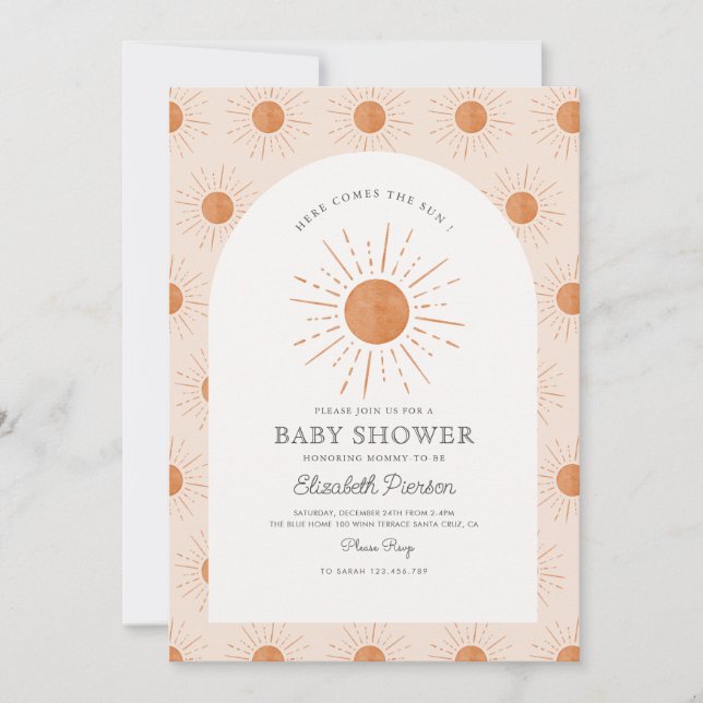 Here comes the sun Burnt Orange Sun Baby Shower Invitation (Front)