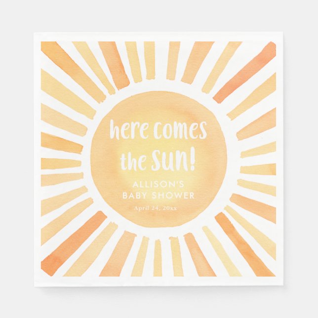 Here comes the sun gender neutral baby shower napkin (Front)
