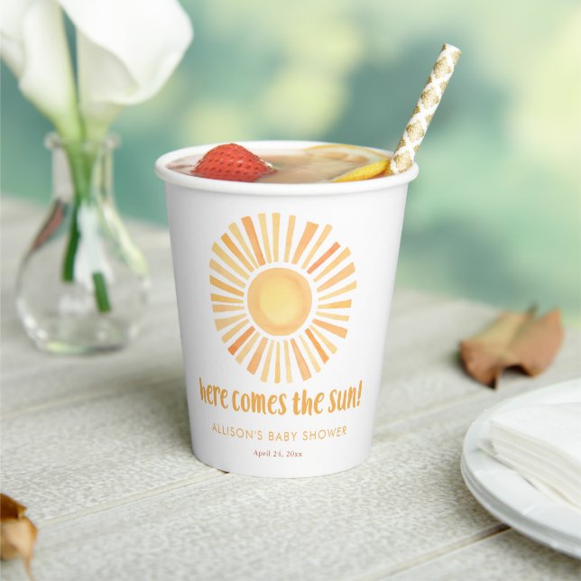 Here comes the sun gender neutral baby shower paper cups (Insitu)