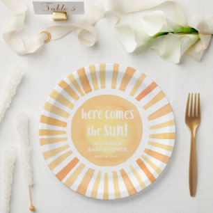 Here comes the sun gender neutral baby shower paper plate