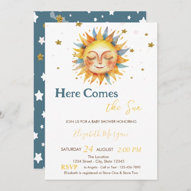 Here Comes The Sun Gold Glitter Stars Baby Shower  Invitation (Front/Back)
