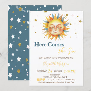 Here Comes The Sun Gold Glitter Stars Baby Shower  Invitation