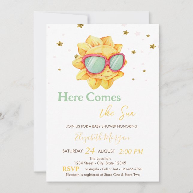 Here Comes The Sun Gold Stars Baby Shower  Invitation (Front)