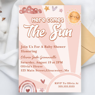 Here Comes The Sun Pink Rainbow Baby Shower Invitation