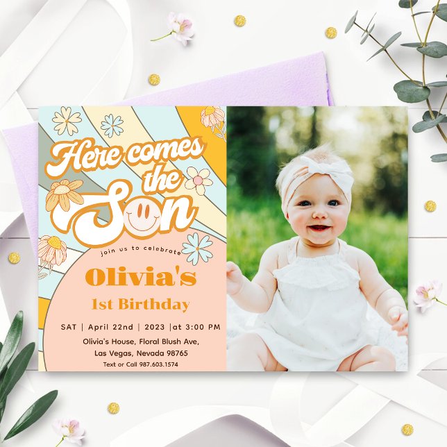 Here Comes The Sun Rainbow 1st Birthday Invitation (Creator Uploaded)