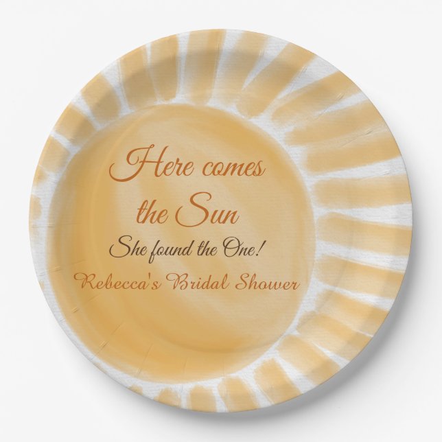 Here Comes the Sun Ray Yellow Bridal Shower Paper Plate (Front)