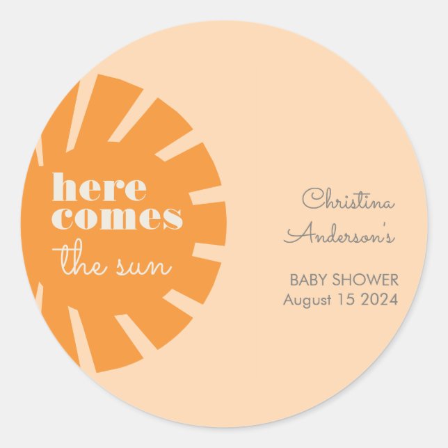 Here Comes the Sun Retro Baby Shower Classic Round Sticker (Front)