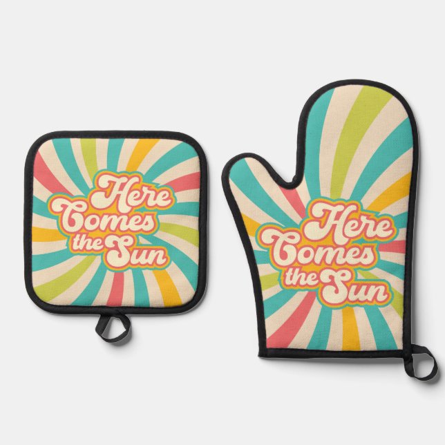 Here Comes The Sun Retro Summer Vibes Oven Mitt & Pot Holder Set (Front)