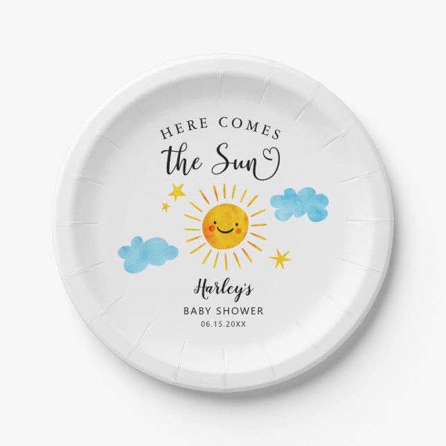 Here Comes The Sun Sunshine Baby Shower Paper Plate (Front)