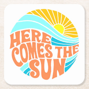 Here Comes the Sun Tee, Retro Style, Hippie Style Square Paper Coaster