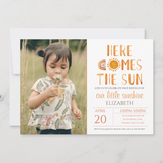 Here Comes The Sun Watercolor 1st Birthday Photo  Invitation (Front)