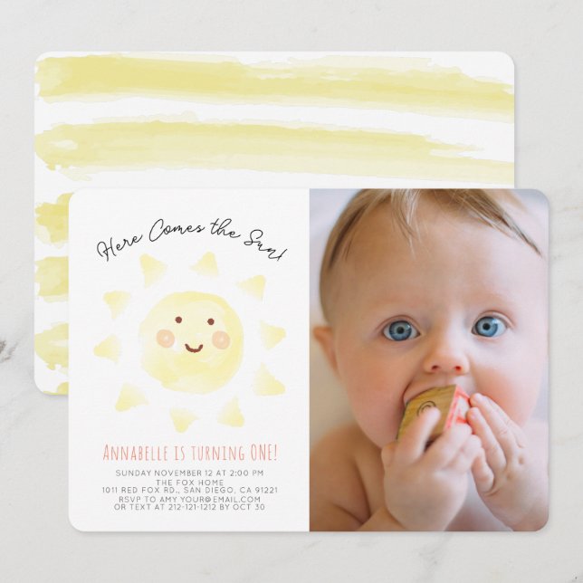 Here Comes the Sun Watercolor 1st Birthday Photo Invitation (Front/Back)