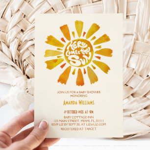 Here Comes The Sun Watercolor Baby Shower Invitation