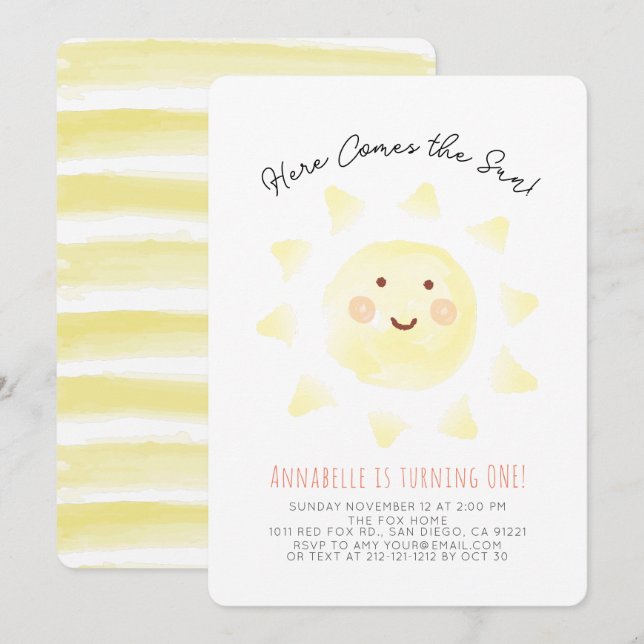Here Comes the Sun Yellow Watercolor 1st Birthday Invitation (Front/Back)