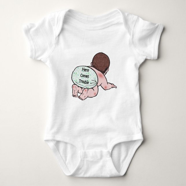 Here Comes Trouble Baby Bodysuit (Front)