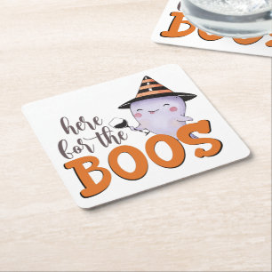 Here For The Boos Cute Ghost With Wine Halloween Square Paper Coaster