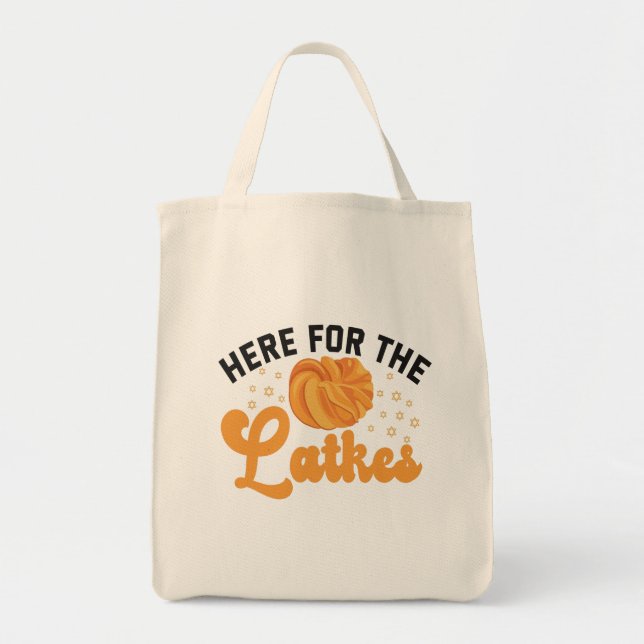 Here For The Latkes Funny Jewish Hanukah Holiday Tote Bag (Front)