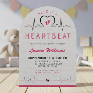 Here in a Heartbeat Heart Monitor Pink Baby Shower Invitation