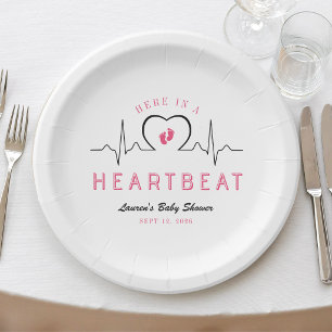 Here in a Heartbeat Heart Monitor Pink Baby Shower Paper Plate