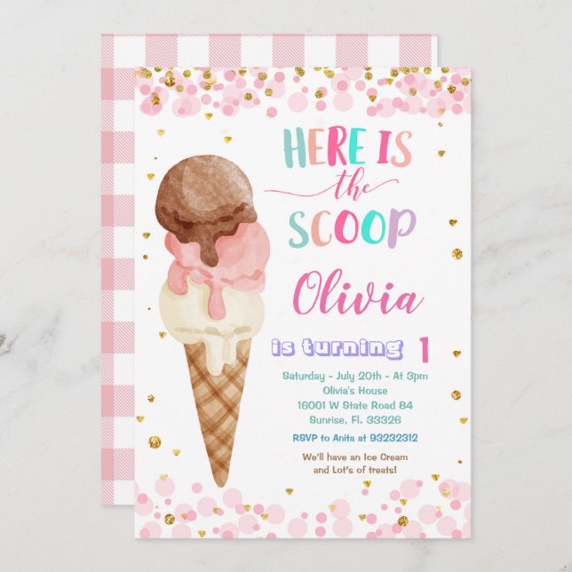 Here is the Scoops Cone Ice Cream Birthday Party  Invitation (Front/Back)