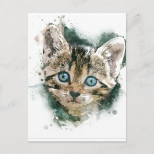 Here, kitty, kitty...beautiful watercolor painting postcard