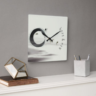 Here & Now / Zen Circle Enso Koi Brush Painting Square Wall Clock