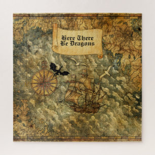 Here There Be Dragons Vintage-Style Nautical Map Jigsaw Puzzle